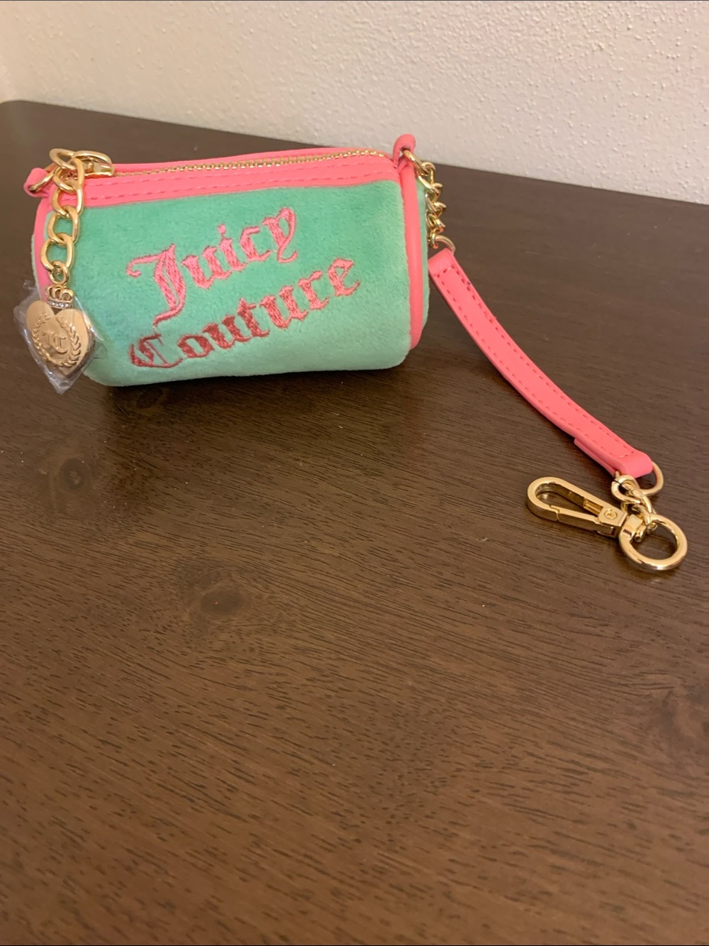 Juicy Couture Mint Green with Hot Pink Mini Wristlet Key Pouch
